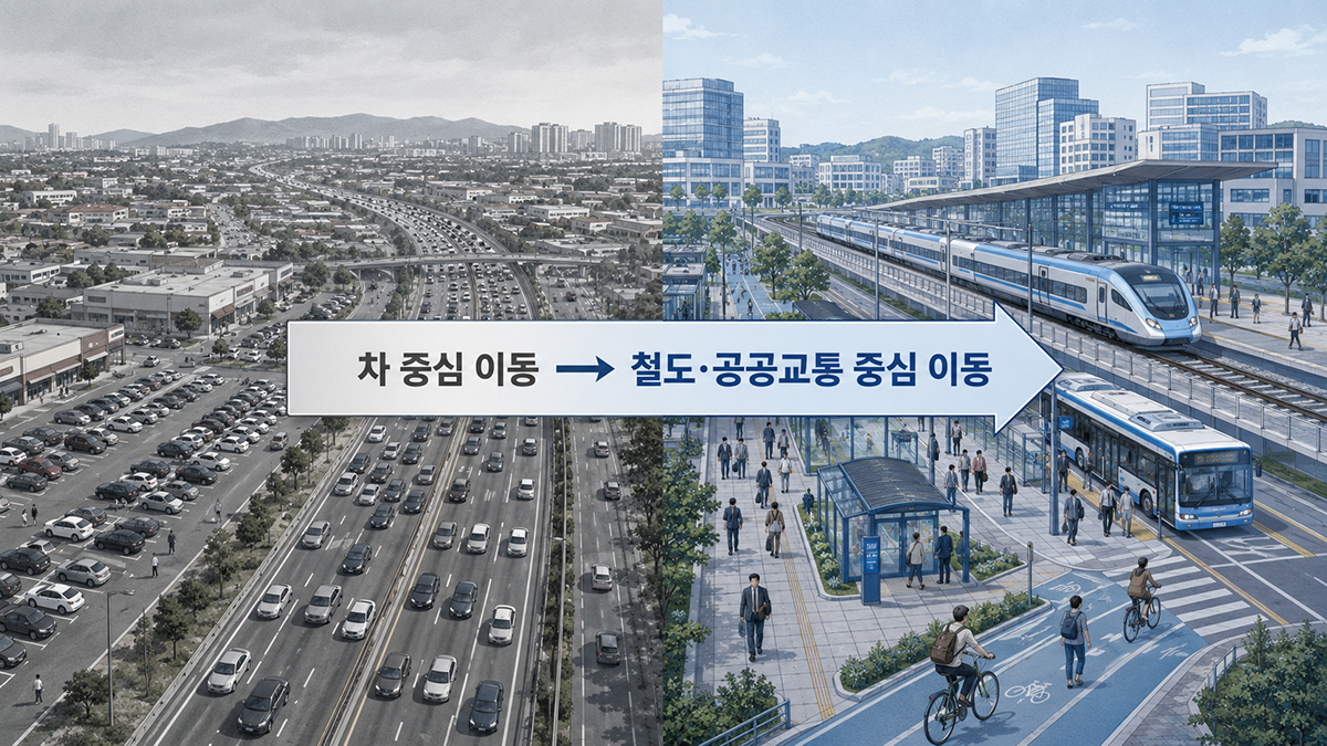 자동차 중심 이동에서 철도와 공공교통 중심 이동으로 전환하는 모습