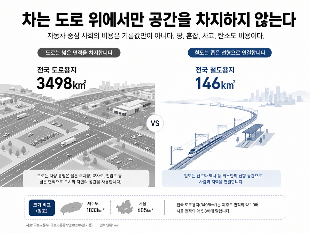 도로와 주차장이 차지하는 넓은 공간과 철도의 선형 공간을 비교한 도식