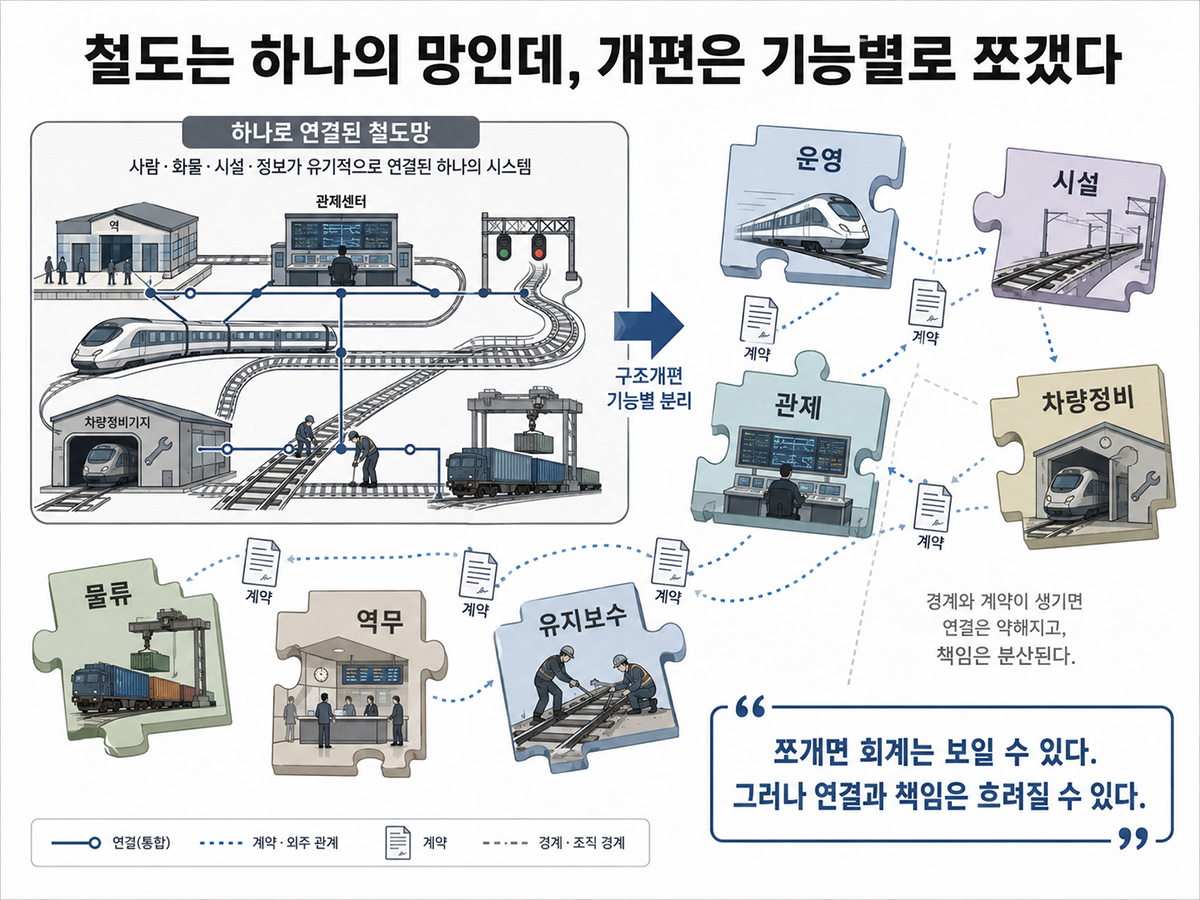하나의 철도망이 운영과 시설, 관제와 정비 등 여러 기능으로 쪼개지는 모습