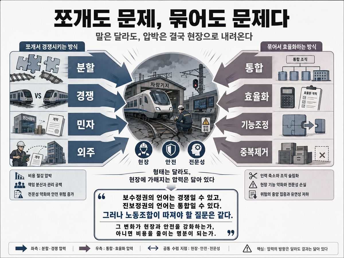분할과 경쟁, 통합과 효율화가 양쪽에서 철도 현장을 압박하는 모습