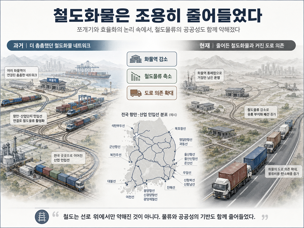철도화물과 화물역은 줄고 도로 위 트럭 의존은 커지는 모습