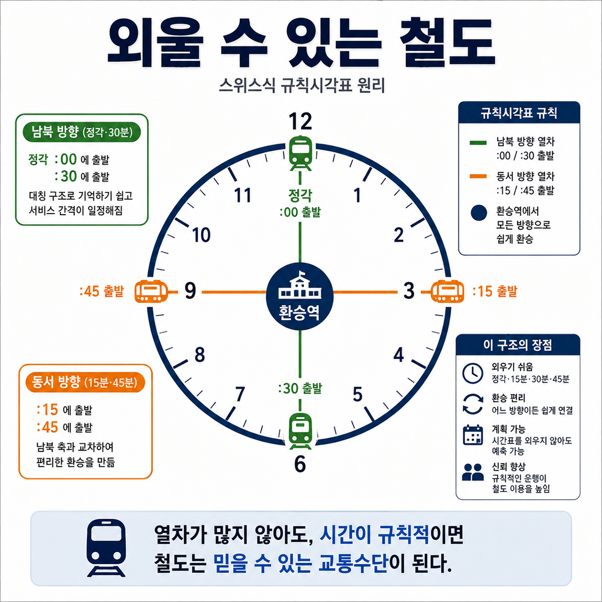 남북 방향과 동서 방향 열차가 일정한 시각에 환승역에서 연결되는 규칙시각표 도식